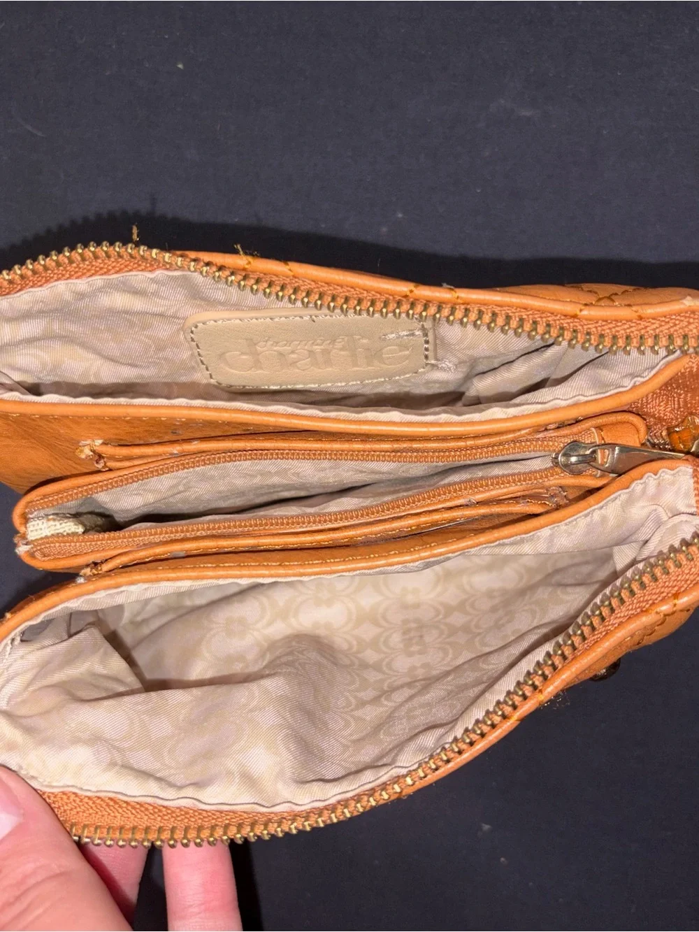 Charming Charlie Quilted Studded Crossbody Wallet in Tan